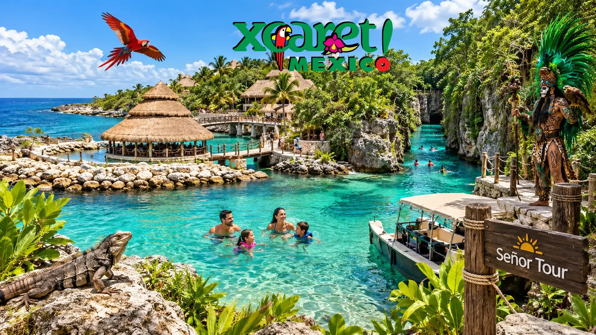 Familia nadando en una caleta de Parque Xcaret