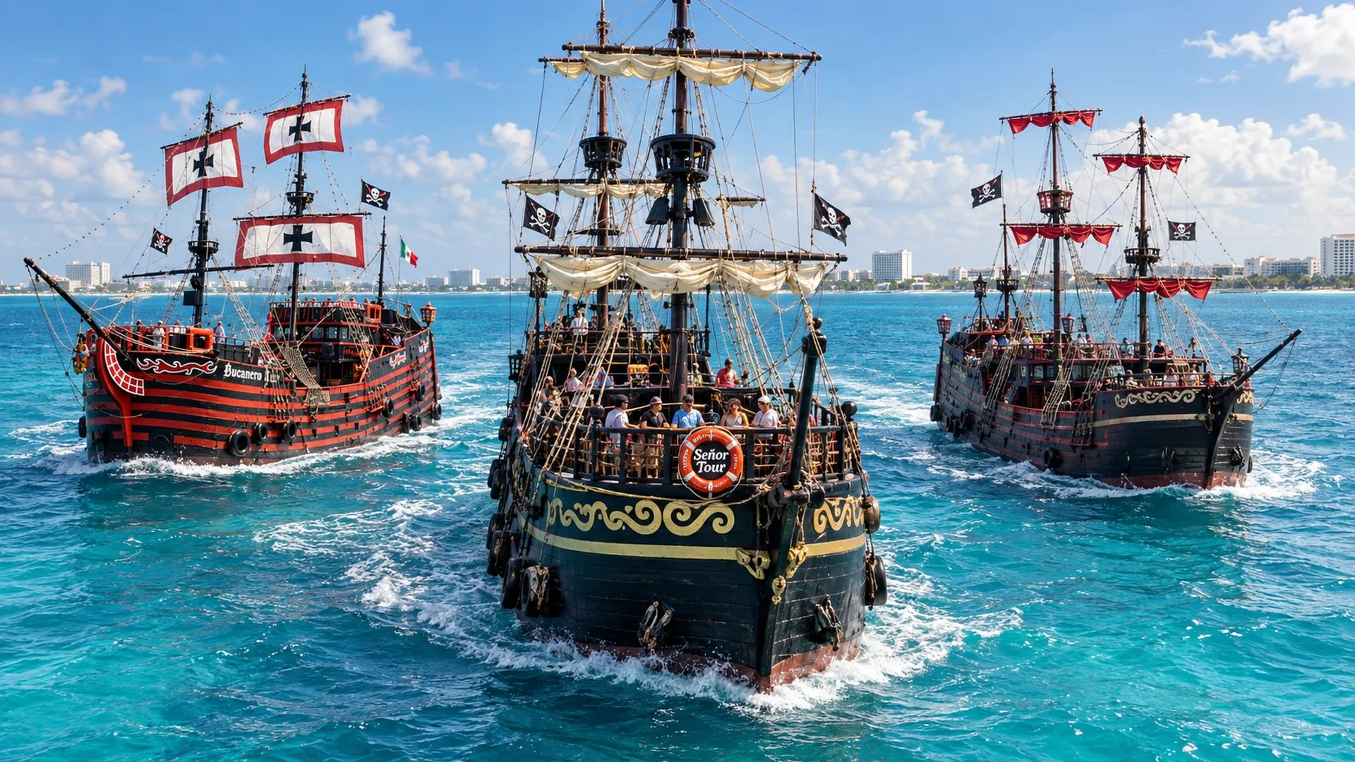 Tres galeones de Captain Hook navegando frente a la costa de Cancún