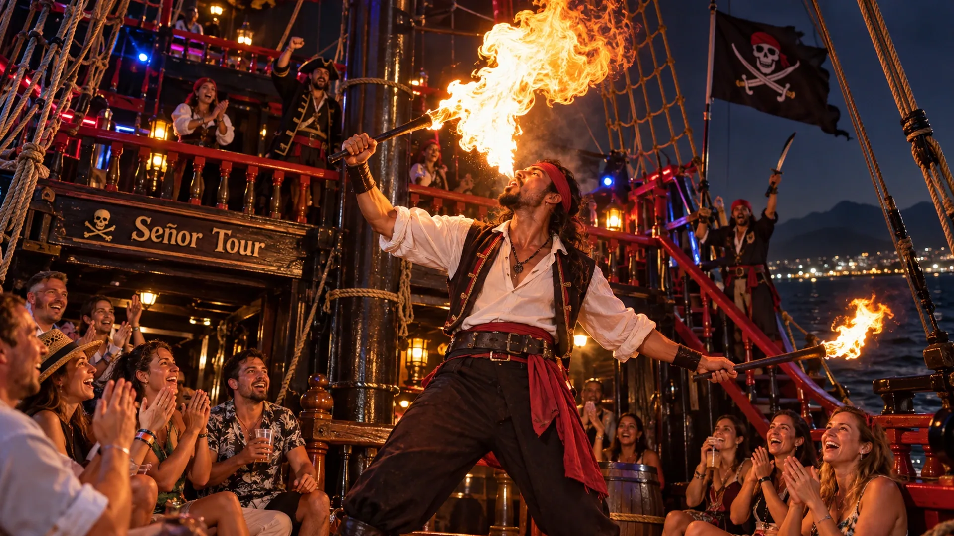 Actores caracterizados como piratas durante el espectáculo a bordo de Captain Hook