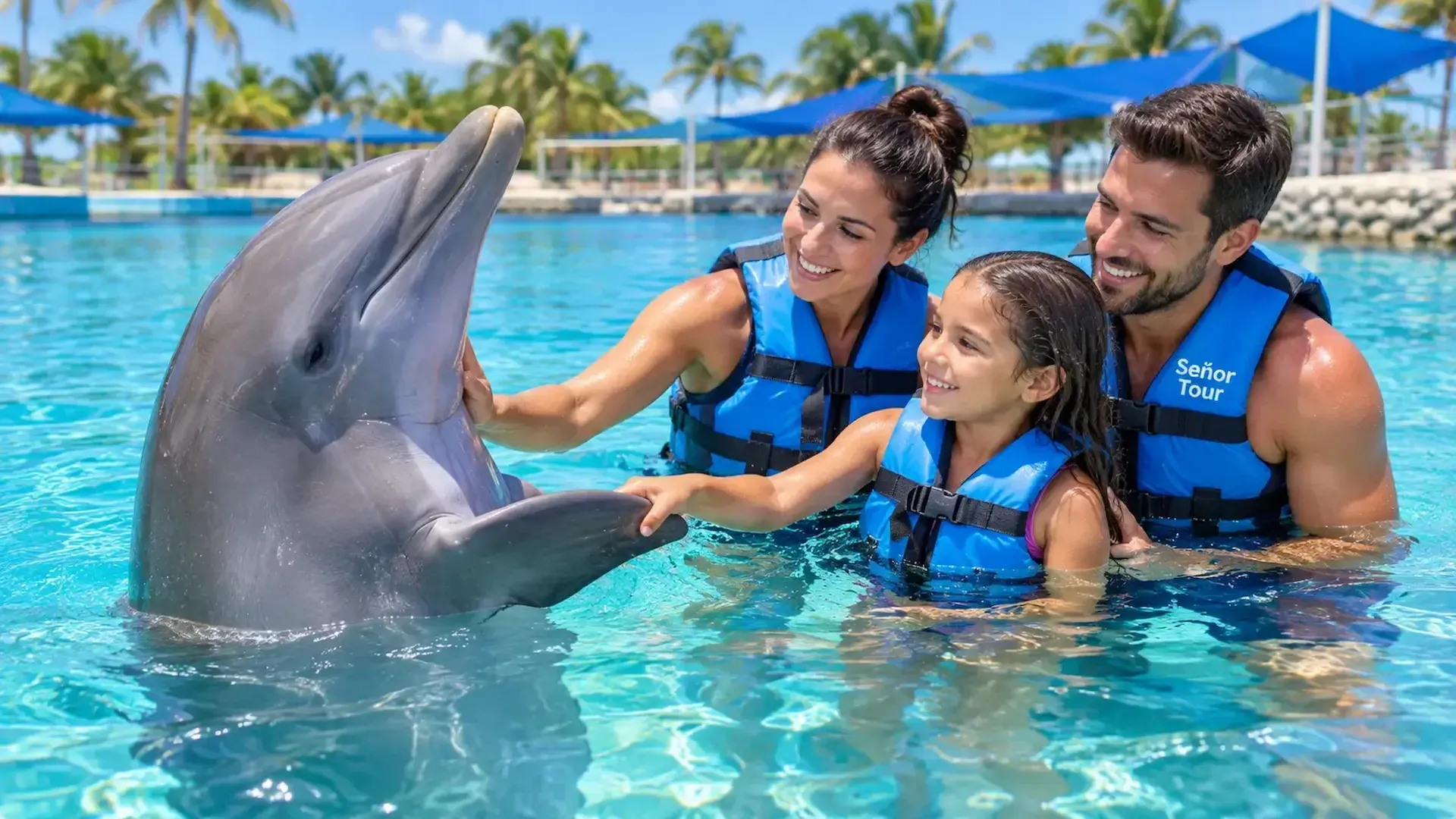 Adultos y menores interactuando con delfines desde plataformas acuáticas