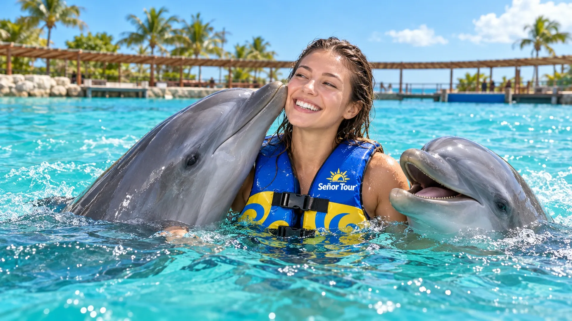 Participante nadando junto a dos delfines