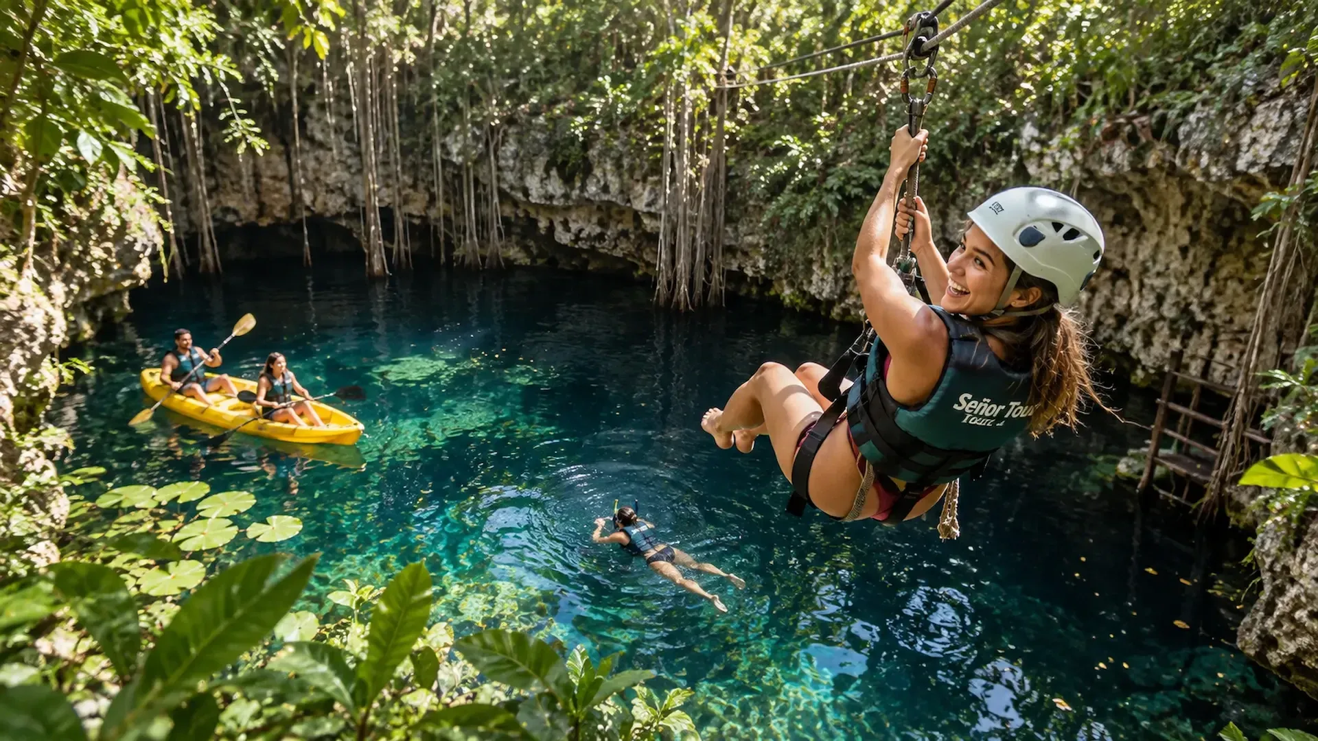 Visitantes practicando tirolesa, kayak y nado en un cenote rodeado por la selva