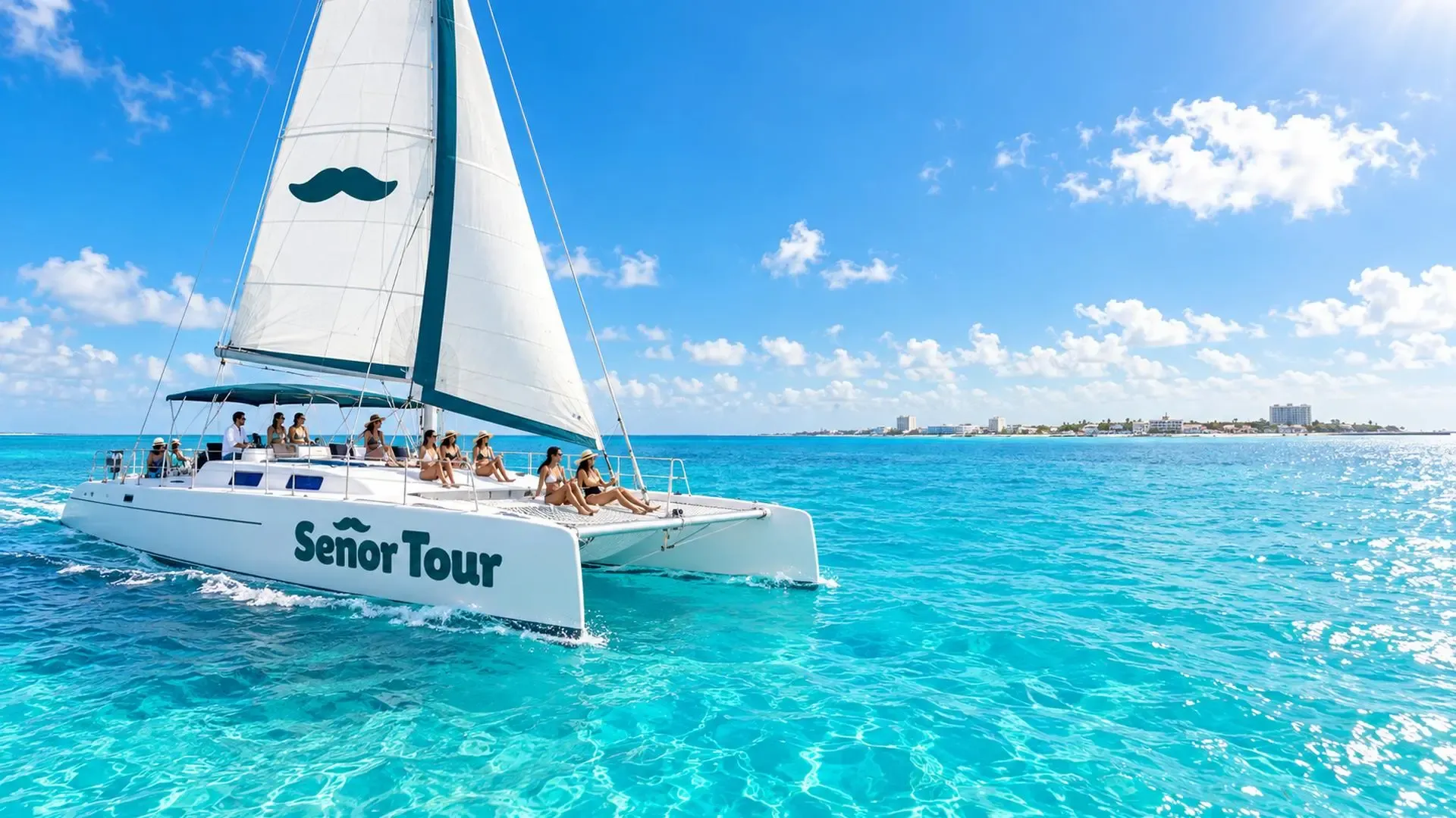 Catamarán navegando en las aguas de Isla Mujeres