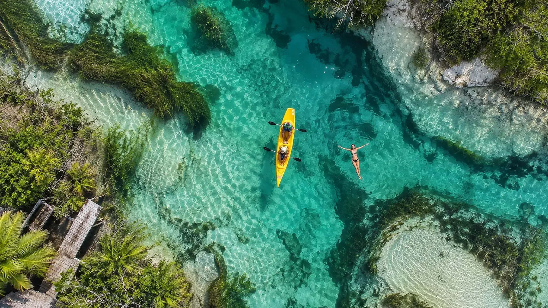 Vista aérea de personas en kayak y nadando en aguas turquesa de Bacalar