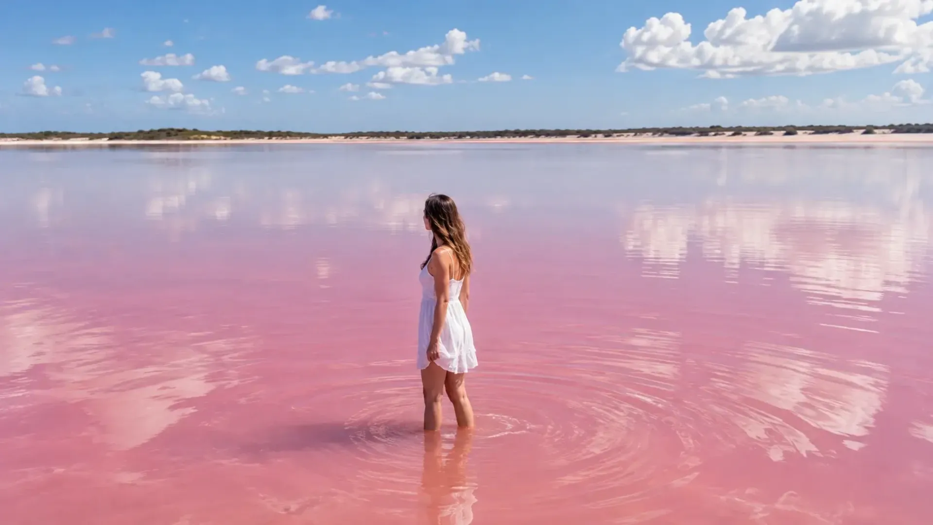 Visitante frente a las aguas rosadas de Las Coloradas