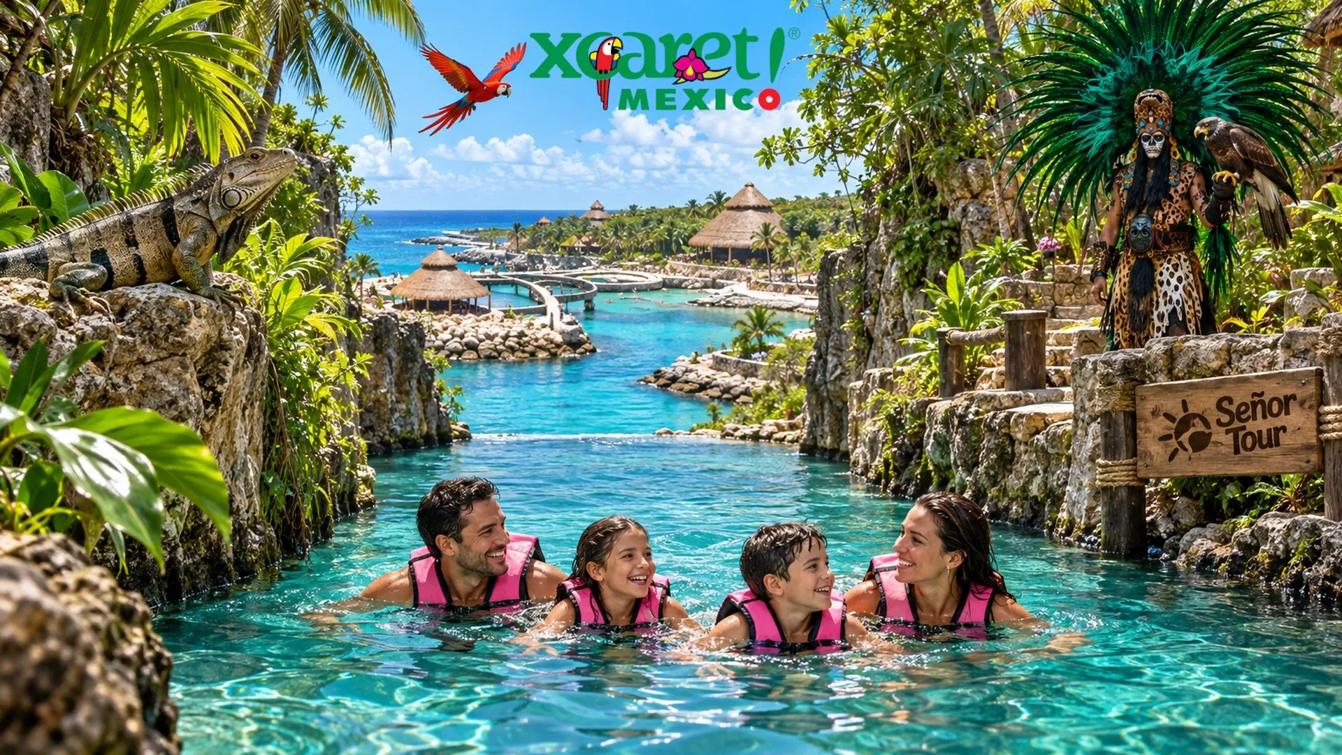 Vista panorámica de Parque Xcaret junto al mar Caribe